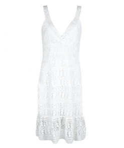 Diane Von Furstenberg White Guipure Lace Sleeveless Tiana Flounce Dress L For Women
