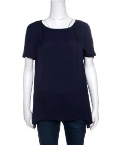 Diane Von Furstenberg Navy Blue Silk Short Sleeve Maggy Top M For Women
