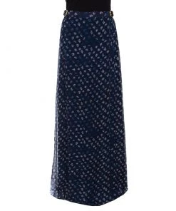 Diane Von Furstenberg Navy Blue Daisy Bud Printed Silk Bethune Wrap Skirt L For Women