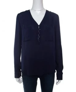 Diane Von Furstenberg Navy Blue Silk Long Sleeve High Low Arden Top M For Women