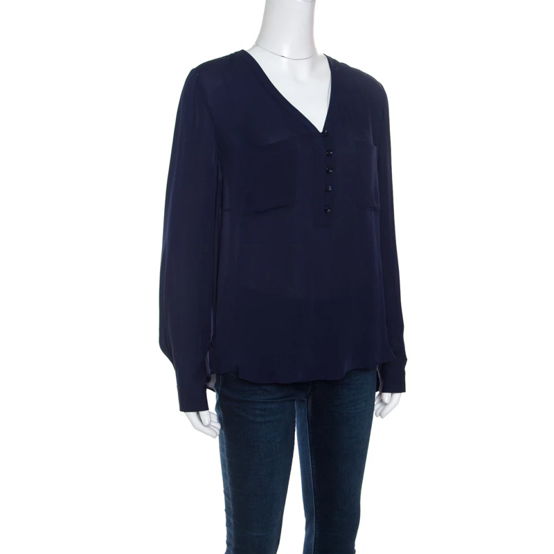 Diane Von Furstenberg Navy Blue Silk Long Sleeve High Low Arden Top M For Women 2 Diane Von Furstenberg Navy Blue Silk Long Sleeve High Low Arden Top M For Women - Image 2
