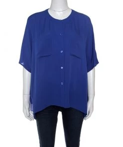 Diane Von Furstenberg Riviera Blue Oversized Silk Karrly Blouse XS For Women