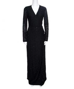 Diane Von Furstenberg Black Embellished Lace Elle Wrap Maxi Dress S For Women
