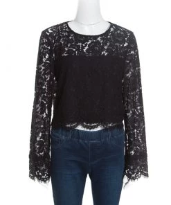 Diane Von Furstenberg Black Scalloped Lace Yeva Crop Top L For Women