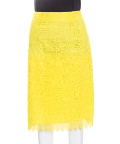 Diane Von Furstenberg Yellow Lace Pencil Skirt M For Women