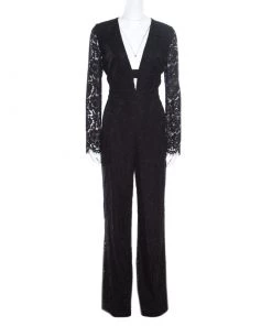 Diane Von Furstenberg Black Lace Plunge Neck Detail Kyara Tux Jumpsuit M For Women