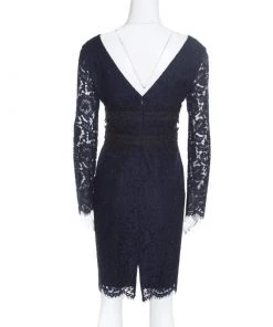 Diane Von Furstenberg Deep Night Blue Lace Plunge Neck Long Sleeve Viera Dress S For Women -Diane Von Furstenberg shop luxury women diane von furstenberg new clothes p164635 001