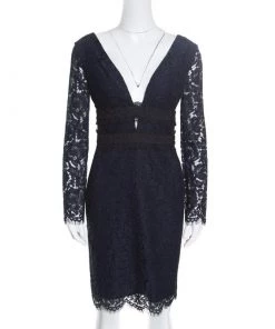 Diane Von Furstenberg Deep Night Blue Lace Plunge Neck Long Sleeve Viera Dress S For Women