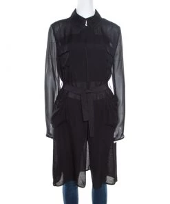 Diane Von Furstenberg Black Silk Georgette Utilitarian Blaine Belted Coat L For Women