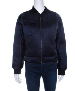 Diane Von Furstenberg Navy Blue Satin Alexander Bomber Jacket M For Women