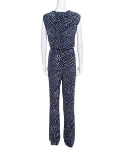 Diane Von Furstenberg Navy Blue And White Dotted Silk Belted Eva Jumpsuit XL For Women -Diane Von Furstenberg shop luxury women diane von furstenberg new clothes p168321 001