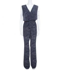 Diane Von Furstenberg Navy Blue And White Dotted Silk Belted Eva Jumpsuit XL For Women