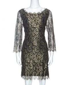 Diane Von Furstenberg Black & Gold Lace Zarita Shift Dress L For Women