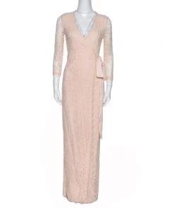 Diane Von Furstenberg Cream Floral Lace Julianna Wrap Maxi Dress XS For Women