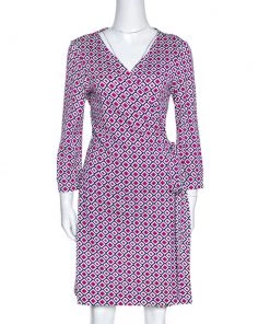 Diane Von Furstenberg Pink Geometric Print New Julian Two Mini Wrap Dress XL For Women