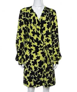 Diane Von Furstenberg Green/Black Silk Crepe Print Dora Lily Midi Dress L For Women