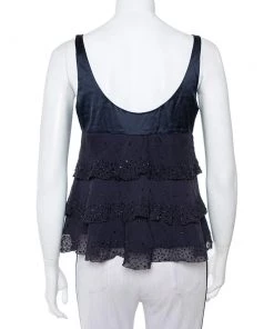 Diane Von Furstenberg Navy Blue Silk Sequin Embellished Tiered Sleeveless Latiera Top M For Women -Diane Von Furstenberg shop luxury women diane von furstenberg new clothes p402001 004