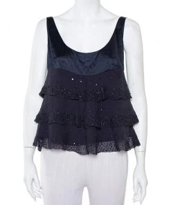 Diane Von Furstenberg Navy Blue Silk Sequin Embellished Tiered Sleeveless Latiera Top M For Women
