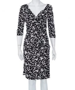 Diane Von Furstenberg Monochrome Abstract Printed Knit Ruched Bentley Dress M For Women