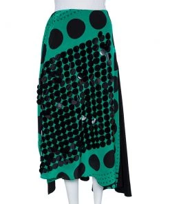 Diane Von Furstenberg Black & Green Printed Sequined Silk Draped Skirt S For Women
