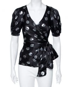 Diane Von Furstenberg Black Silk & Lurex Polka Dotted Larryn Blouse S For Women