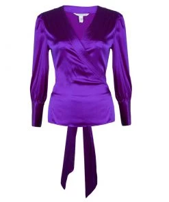 Diane Von Furstenberg Purple Silk Wraparound Long Sleeve Ariana Blouse L For Women