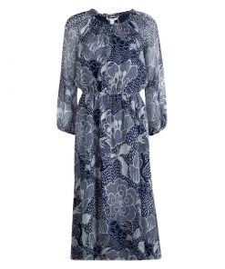 Diane Von Furstenberg Navy Blue Printed Parry Chiffon Long Sleeve Dress M For Women