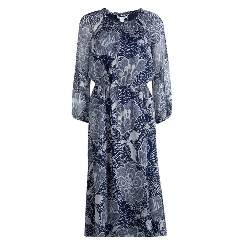 Diane Von Furstenberg Navy Blue Printed Parry Chiffon Long Sleeve Dress M For Women 1 Diane Von Furstenberg Navy Blue Printed Parry Chiffon Long Sleeve Dress M For Women