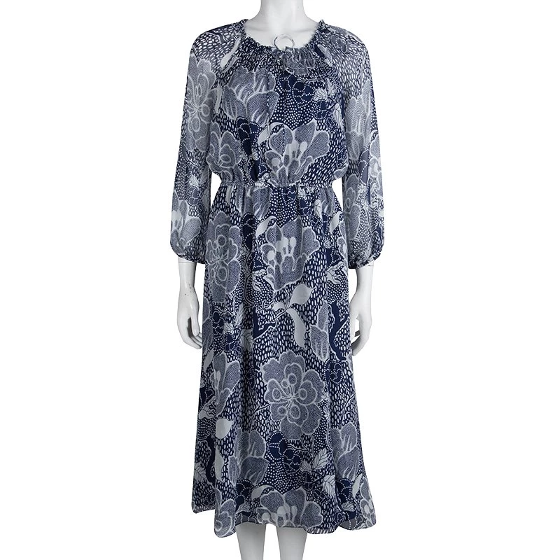 Diane Von Furstenberg Navy Blue Printed Parry Chiffon Long Sleeve Dress M For Women 2 Diane Von Furstenberg Navy Blue Printed Parry Chiffon Long Sleeve Dress M For Women - Image 2