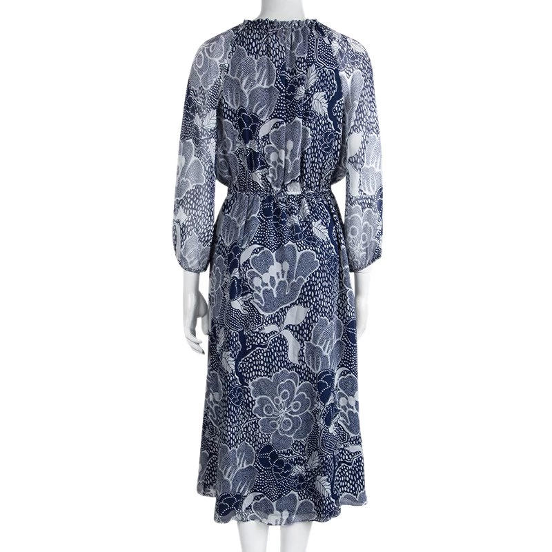 Diane Von Furstenberg Navy Blue Printed Parry Chiffon Long Sleeve Dress M For Women 3 Diane Von Furstenberg Navy Blue Printed Parry Chiffon Long Sleeve Dress M For Women - Image 3