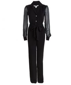 Diane Von Furstenberg Black Sheer Long Sleeve Belted Cathy Jumpsuit Two S For Women