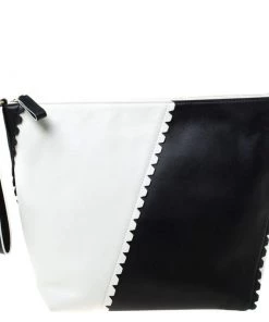 Diane Von Furstenberg White/Black Leather Wristlet Clutch For Women