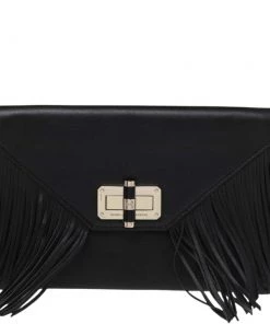 Diane Von Furstenberg Black Leather Turnlock Folio Fringe Clutch For Women