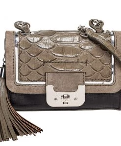 Diane Von Furstenberg Black/Olive Green Suede And Python Embossed Leather Shoulder Bag For Women