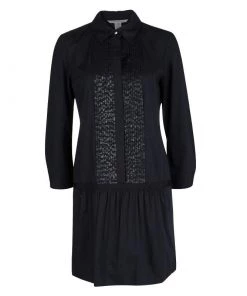 Diane Von Furstenberg Amy Lu Black Sequin Pintuck Detail Long Sleeve Dress M For Women