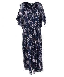 Diane Von Furstenberg Navy Blue Floral Printed Silk Pintucked Holody Maxi Dress S For Women