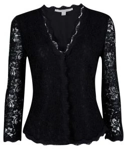 Diane Von Furstenberg Black Scalloped Lace Long Sleeve Bria Blouse S For Women