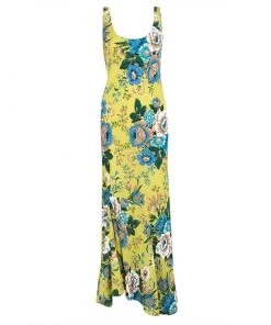 Diane Von Furstenberg Yellow Floral Printed Silk Sleeveless Maxi Dress XS For Women
