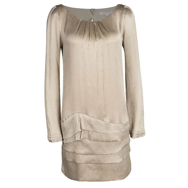 Diane Von Furstenberg Beige Crinkled Silk Tiered Long Sleeve Tiari Dress S For Women 1 Diane Von Furstenberg Beige Crinkled Silk Tiered Long Sleeve Tiari Dress S For Women