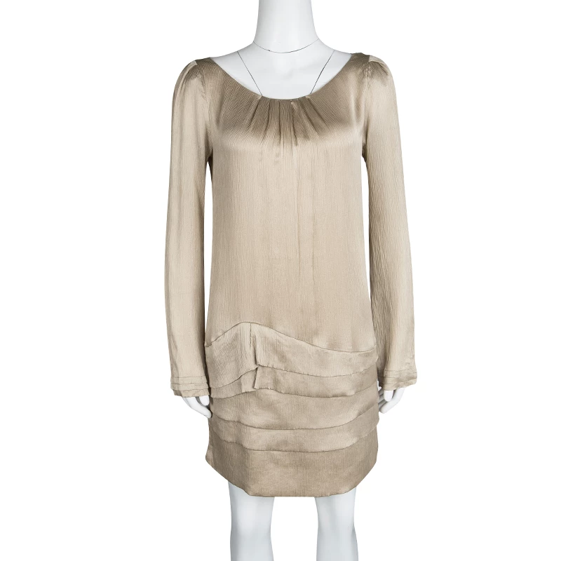 Diane Von Furstenberg Beige Crinkled Silk Tiered Long Sleeve Tiari Dress S For Women 2 Diane Von Furstenberg Beige Crinkled Silk Tiered Long Sleeve Tiari Dress S For Women - Image 2