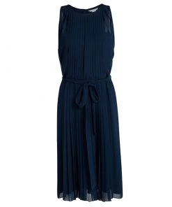 Diane Von Furstenberg Navy Blue Plisse Belted Sleeveless Ria Dress L For Women