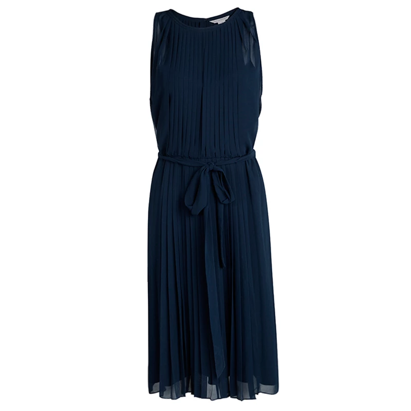 Diane Von Furstenberg Navy Blue Plisse Belted Sleeveless Ria Dress L For Women 1 Diane Von Furstenberg Navy Blue Plisse Belted Sleeveless Ria Dress L For Women