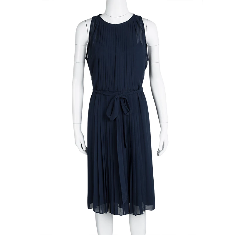Diane Von Furstenberg Navy Blue Plisse Belted Sleeveless Ria Dress L For Women 2 Diane Von Furstenberg Navy Blue Plisse Belted Sleeveless Ria Dress L For Women - Image 2