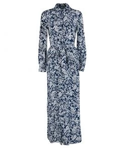 Diane Von Furstenberg Navy Blue Floral Printed Silk Amina Belted Maxi Shirt Dress S For Women