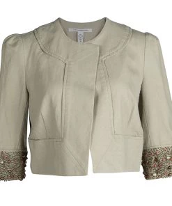 Diane Von Furstenberg Beige Embellished Cuff Front Open Cropped Remo Jacket L For Women