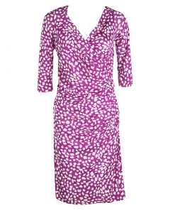 Diane Von Furstenberg Purple Printed Draped Bentley SJ Three Quarters Dress L For Women