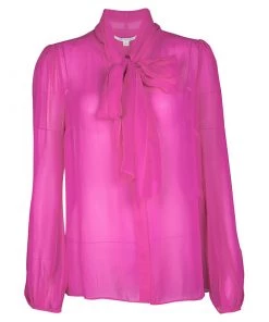 Diane Von Furstenberg Pink Silk Tie Detail Long Sleeve Jezebel Blouse L For Women