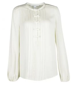 Diane Von Furstenberg Cream Silk Pintuck Detail Long Sleeve Novalee Blouse M For Women