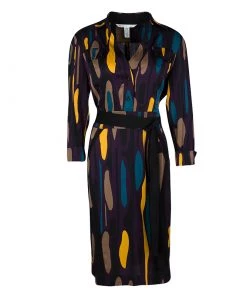 Diane Von Furstenberg Purple Printed Silk Belted Leja Shirt Dress L For Women