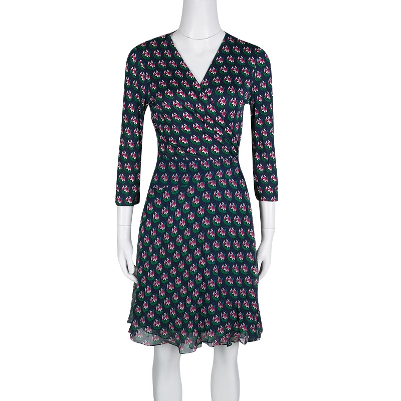 Diane Von Furstenberg Navy Blue Zen Floral Print Irina Wrap Dress L For Women 2 Diane Von Furstenberg Navy Blue Zen Floral Print Irina Wrap Dress L For Women - Image 2